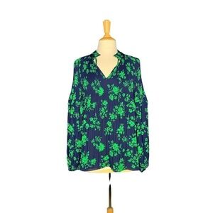 NWOT Ralph Lauren Flowers Clovers Pleated Blouse Top Green Blue Deadstock Large